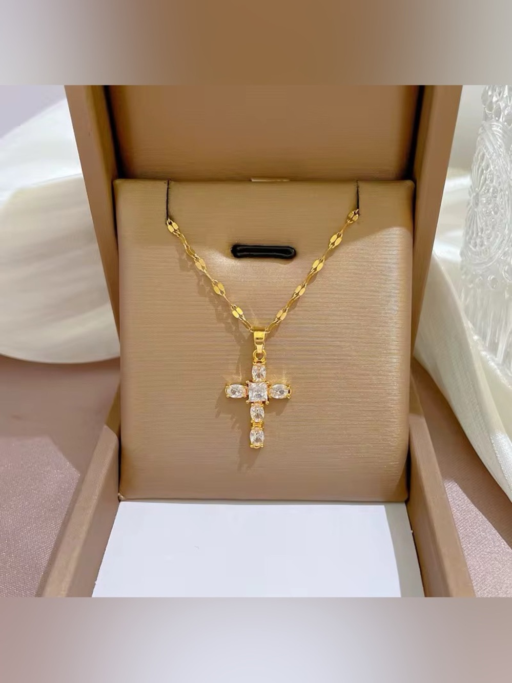 Gold Cross Pendant Necklace with Clear Crystals - Women Jewelry